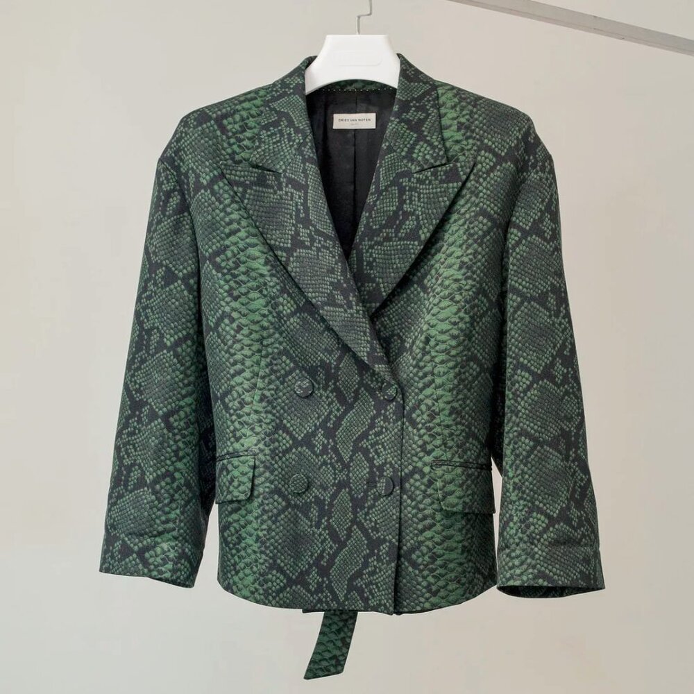 Dries Van Noten AW/20 Green Snake-Print Wool Blazer